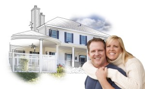 Hugging Couple Over House Drawing and Photo on White